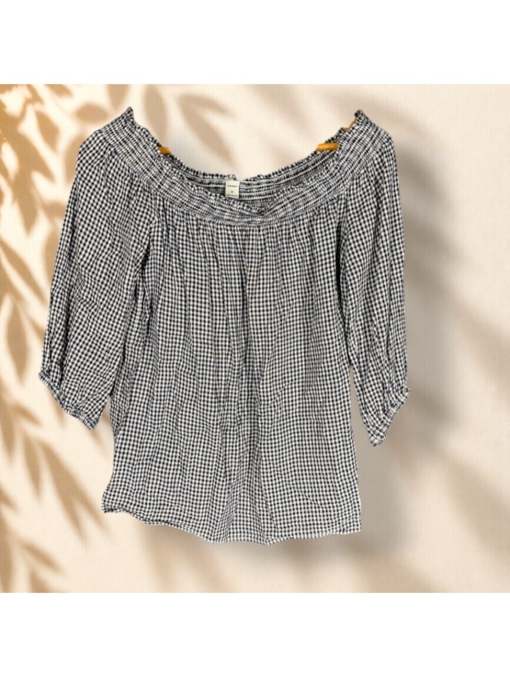 Old Navy Blouse Women M Medium Black Plaid 3/4 Sleeve Round Neck Cotton Casual